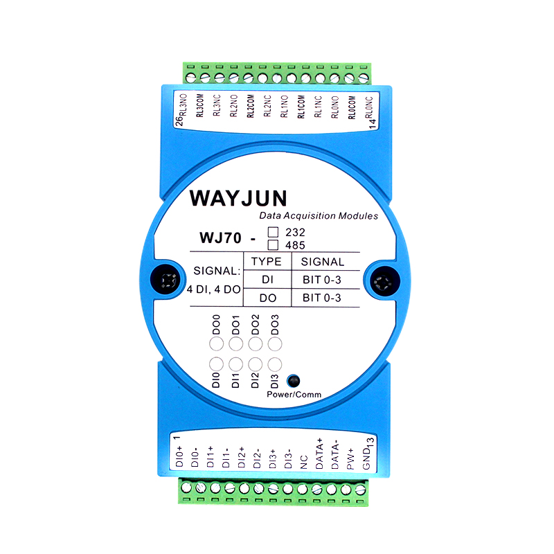 WJ70系列 四路DI四路继电器输出，RS-485/232数据采集远程IO模块