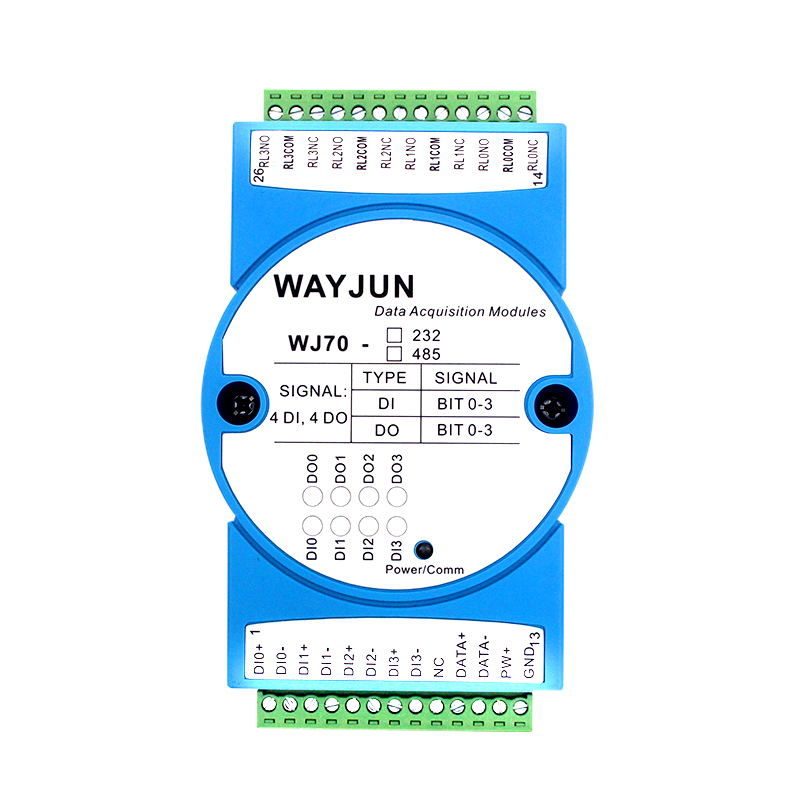 WJ70系列 四路DI四路继电器输出，RS-485/232数据采集远程IO模块